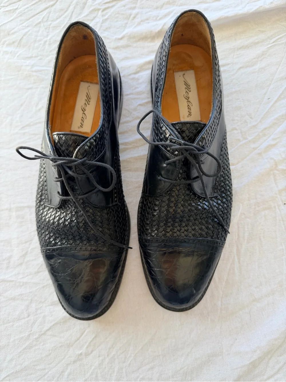 Mezlan Black Woven embossed croc Leather Lace-Up Oxfords